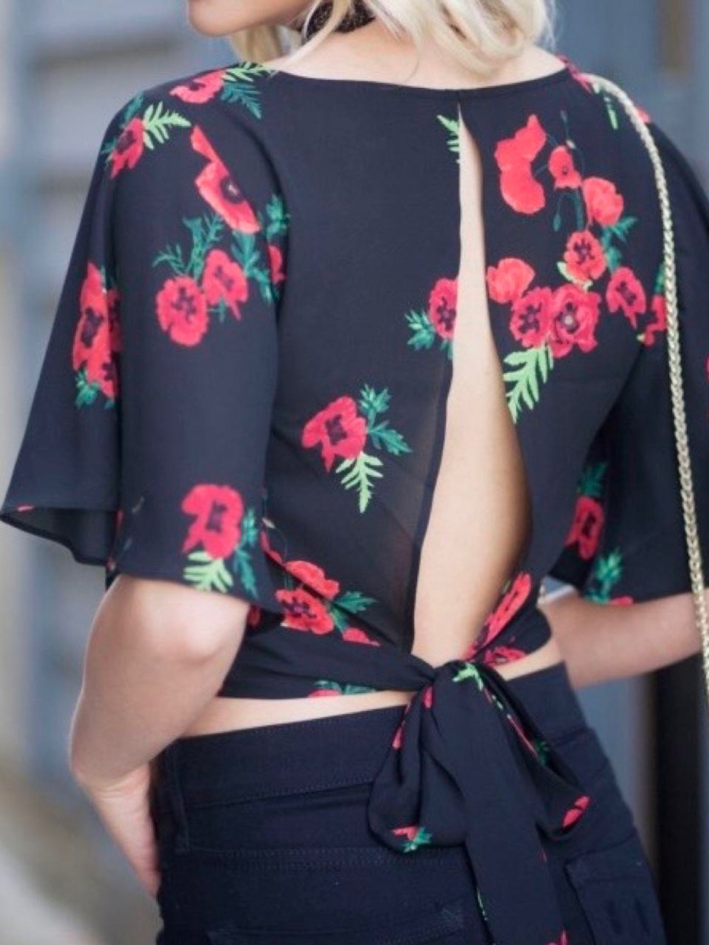 Express Tie-Back Black Crop Top with Red Poppies